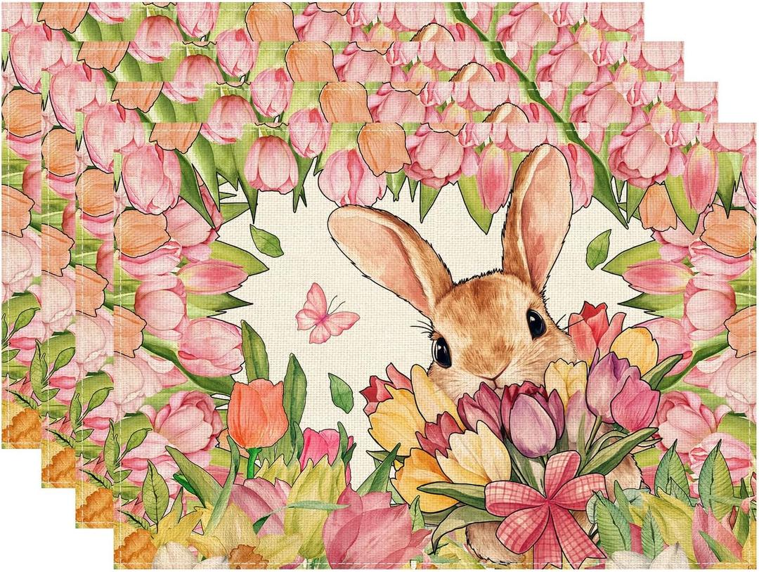 XCHI Bunny Tulips Flowers Rabbits Easter Placemats Set of 4 Table Mats for Party Home Kitchen Dining Table Decorations 12x18 Inch