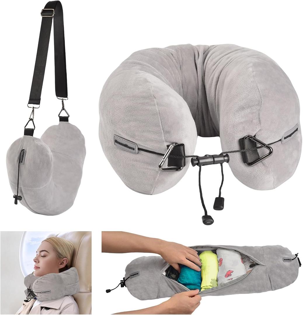 DreamShore Travel Pillow for Extra Luggage: Stuffable Neck Pillow with Adjustable Neck Size | Fits 3+ Days of Travel Essentials | Transformable Carry-On Solution | Soft Velvet Cover | No Filler (Grey)
