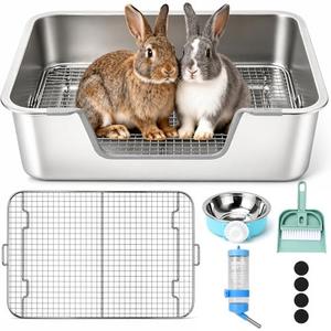 Rypet Large Rabbit Litter Box, Bunny Litter Box High Side with 304 Stainless Steel Sifting Tray, Metal Small Animal Litter Pan with Pet Food Bowl and Water Bottle, Non-Slip Easy to Clean Odor Control