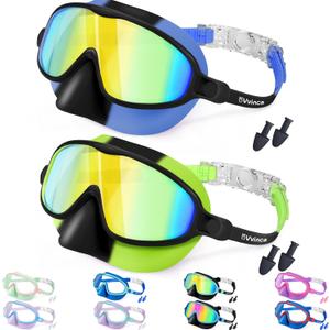 Vvinca Swim Goggles with Nose Cover, 2 Pack Wide View Diving Mask Anti-Fog UV No Leak Toddlers Swimming Goggles for Kids 3-15 (03-Black Blue& Black Green)