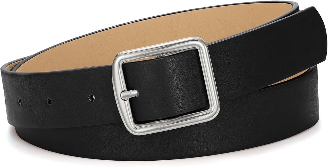 SANSTHS Women's Leather Belt for Jeans Pants Dresses Fashion Ladies Belt Square Gold Buckle Waist Belt for Women (Black)
