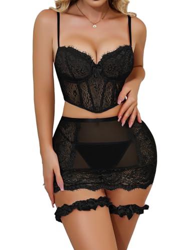 Mixxmix Women Lingerie Sets Sexy Lace Bralette Corset Bra and Skirt Sets Rave Outfits Teddy Babydoll（Black,XL）