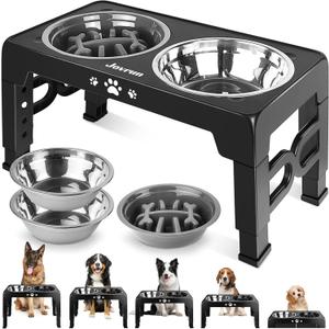 Elevated Dog Bowls, Dog Feeder with 2 Stainless Steel Dishes &1 Slow Feeder Bowl, 5 Heights Adjustable Raised Stand for Medium Large, Food Dishes with Non-Slip Feet (Black)