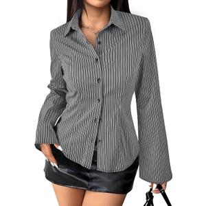 Striped Button Down Shirts for Women Dress Shirt Slim Fit Long Sleeve Casual Collared Work Blouse Y2K Fall Outfits (Large)