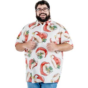 BRISIRA Big and Tall Christmas Shirts for Men Santa Hawaiian Vacation Short Sleeve Button Down Holiday Shirt Lightweight (3X-Large, White-vintage Christmas Hat)