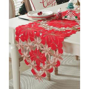 Christmas Table Runner with Embroidered Poinsettia Red Golden Winter Farmhouse Christmas Decorations Indoor Home Party Decor 70 Inches Long