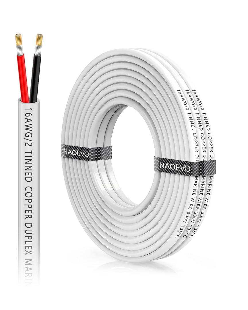 NAOEVO 16 Gauge Marine Wire Duplex, 16 AWG Stranded PVC Marine Electrical Wire, Waterproof/Corrosion Resistant/Tinned Copper Electrical Cable for Boat/Automotive/RV/Solar (15FT)