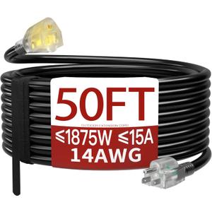 50 FT 14/3 Extension Cord Outdoor, Heavy Duty Weatherproof & Flame Retardant Black 3 Prong Power Cord with Light, Outside for Lawn & Garden, 15 Amps 1875 Watts 125 VAC 14AWG SJTW, ETL Listed