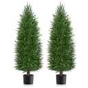 AOKIIE 2 Pack 5FT Artificial Topiary Cedar Plants Outdoor (With Backets), Faux Pine Trees UV Resistant and Potted, 72 Inch Tall Fake Shrubs Evergreen for Front Porch Decor + 3Ft Artificial Topiary Cedar Plants Outdoor 2 Pack (Without Backet), 4 Pcs