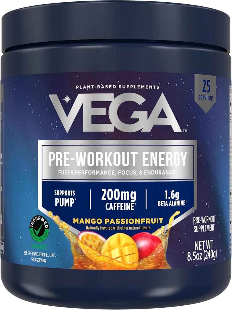 Vega Pre-Workout - 200 mg Caffeine, Energy & Focus, Mango Passionfruit, 25 Servings, 1.6g Beta Alanine, 6g Citrulline Malate, Energy & Focus Drink Mix, Vegan, Gluten & Dairy Free, No Sugar Added, 8.4 oz, Best Before: 2027/AL/29