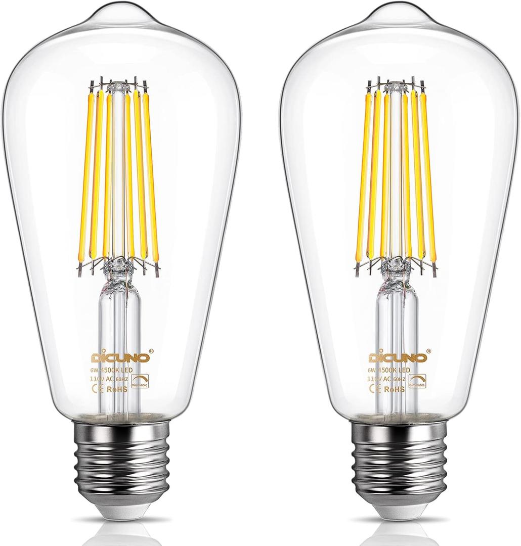 DiCUNO LED Edison Bulb 60 Watt Equivalent, Daylight White 4500K, Dimmable Edison Light Bulbs ST64, Antique LED Filament Light for Kitchen Lighting, 700 LM, Clear Glass, Pack of 2