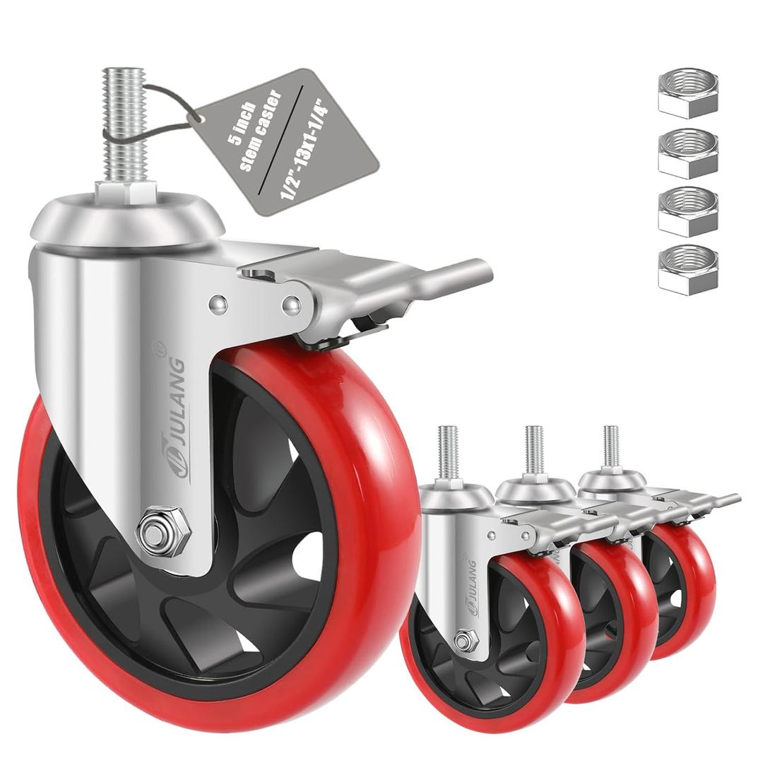 5 Inch Stem Caster Wheels Heavy Duty, 1/2 Threaded Stem Casters Set of 4 (1/2"-13x1.25) - 2500 LBS Load Capacity, PE Wheels for Machinery, Carts, Dollies, Workbenches & Furniture