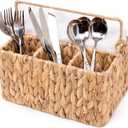 KOLWOVEN Wicker Utensil Caddy Carrier, Wicker Flatware Organizer, Hand Woven Water Hyacinth Cutlery Holder for Countertop with Handle