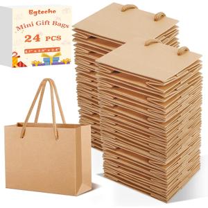 Bgtecho 24 Pack Extra Small Gift Bags, 3.9 x 4.7 x 2.4 Inch Small Paper Bags, Gift Wrap Paper Bags with Handles, Mini Brown Gifts Card Bag for Wedding Birthday Baby Shower Party Favors