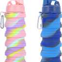 Collapsible Water Bottles Travel water bottle Sports Portable Sport Water Bottle Reusable Water Bottles comes with mountaineering Buckle 500ml silicone Water-proof camping water bottle (Pink+Blue camouflage)