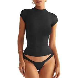 EasyGala Womens Double Lined Mock Turtle Neck Tops Slim Fitted Cap Sleeve Shirts Going Out Tees Y2k Summer Clothes 2025 Small