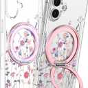 Loheckle for iPhone 16 Case - Compatible with MagSafe Stand Women Girls Cute Clear Girly Aesthetic Kawaii Unique Design Soft TPU Built-in Magnetic Stand Phone Cover for Apple 16, Purple Flower