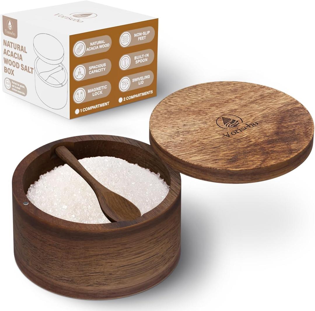 Acacia Wood Salt Container with Built-in Spoon, Elegant Salt Holder with Magnetic Swivel Lid, Salt Box for Kitchen to Storage Pepper, Spice or Favorite Seasonings, 6OZ (Single Compartment)