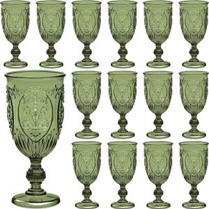 Wiwiqing 24 Pcs Plastic Goblets 7.5oz Vintage Goblet Plastic Wine Glasses Colored Retro Embossed Water Goblets for Wine Bar Juice Baby Shower Wedding Reception Grand Event Party (Olive Green)