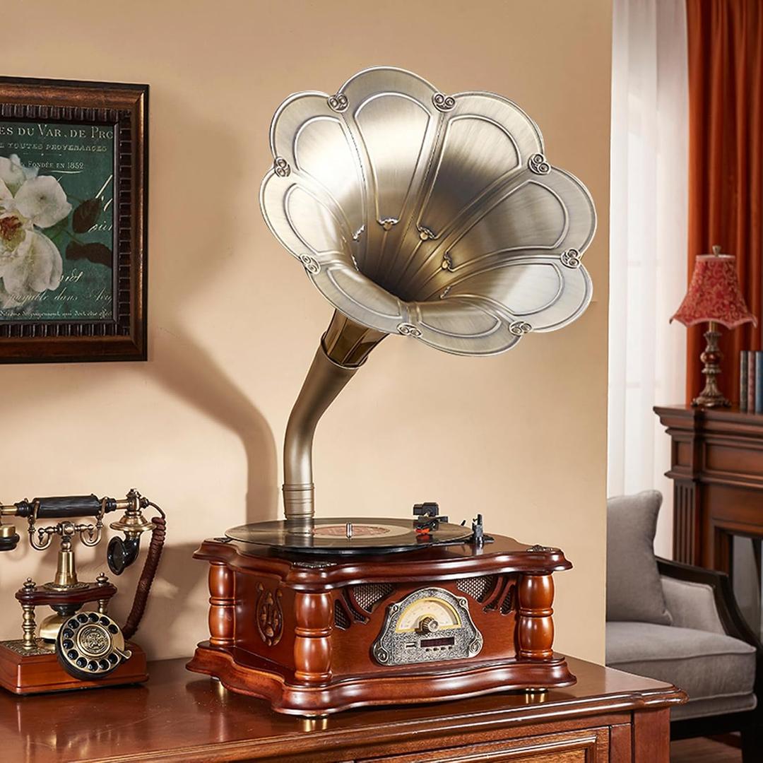 Artisam Vintage Gramophone Record Player, Retro Turntable Record Players, Wooden Phonograph Vinyl Music Player,Decorative Gramophone Player with USB Play & Remote Control for Home/Christmas/Party