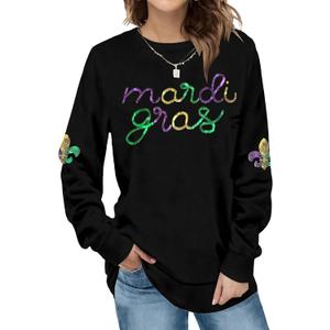 Womens Mardi Gras Shirt Stripes Fat Tuesday Tee Shirt Sequin New Orleans Carnival Party Long Sleeve Top (Black, XL)
