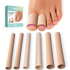 Welnove Cuttable Toe Tubes Sleeves - 6 Pack Toe Protectors for Corns, Calluses, Blisters - Fabric & Breathable Gel Lining Toe Sleeve Protectors Relief Toe Pressure Pain (Beige - 3 Large + 3 Medium)