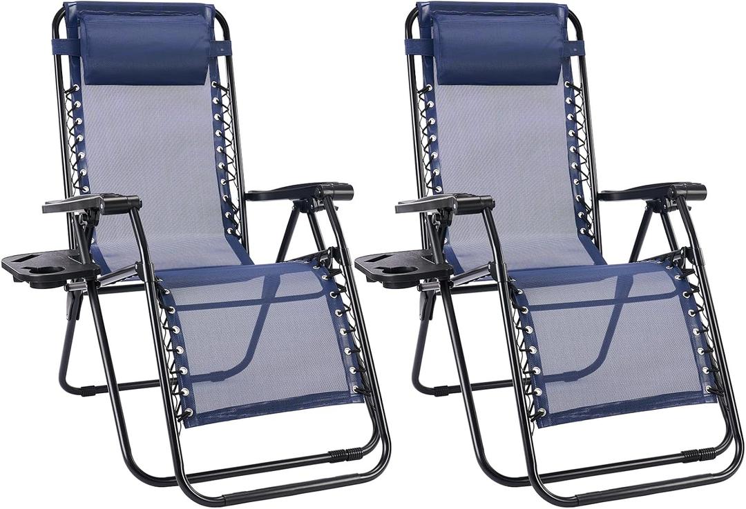 Sweetcrispy Zero Gravity Chairs Set of 2, Outdoor Folding Reclining Lounge Chair with Cup Holder Tray & Adjustable Pillow, Portable Camping Beach Patio Poolside Lawn Yard Chair, Classic Blue, 2pcs