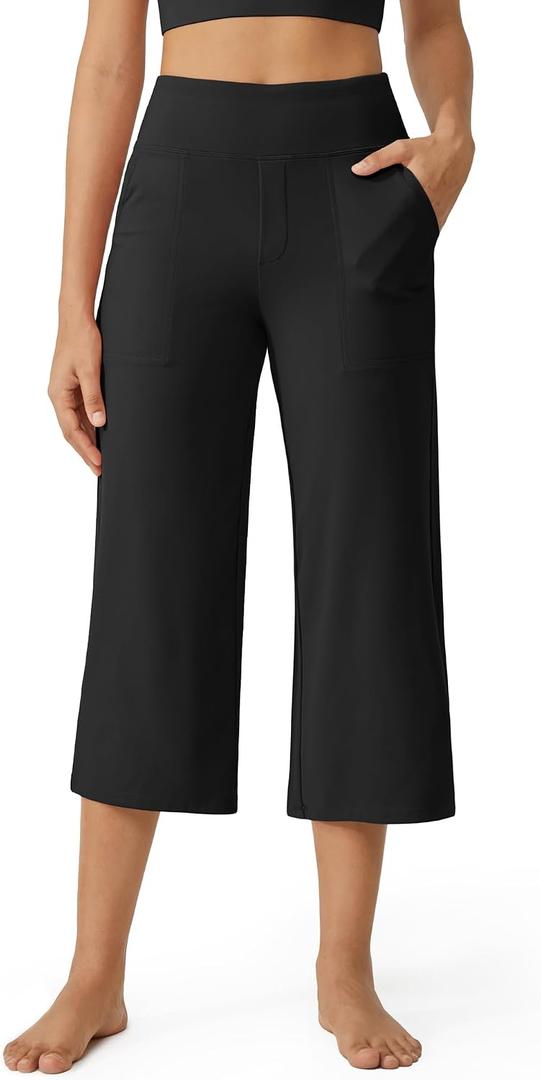 G4Free Capri Pants for Women Wide Leg Yoga Dress Cropped Pants Capri Leggings with Pockets for Casual Summer (Blue, XL)