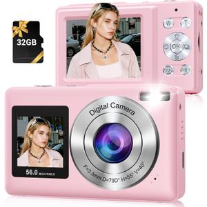 Digital Camera, 56MP 2.7K Dual-Screen Selfie Camera with 16X Zoom, 20 Filters & Anti-Shake, Portable Point and Shoot Digital Cameras with 32GB Card, Compact Travel Cameras for Beginners Teens Kids (Pink)