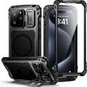 Lanhiem for iPhone 15 Pro Max Metal Case with Kickstand, Compatible with MagSafe, Built in Glass Screen Protector, Heavy Duty Rugged Full Body Tough Phone Cases (Black)