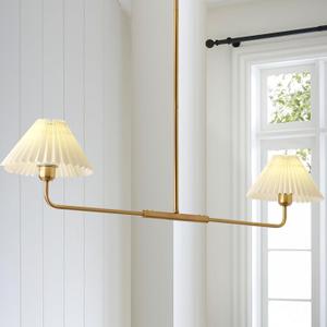 Modern 2 Light Chandeliers for Dining Room, Gold Linear Light Fixture with White Pleated Fabric Shade, Traditional Pendant Lights for Kitchen Island, Restaurant