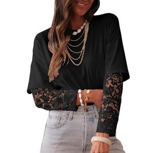 LOLONG Black Long Sleeve Shirt for Woman Fall Crew Neck Tops Ladies Casual Lace Sleeve Solid Basic Tees, XXL