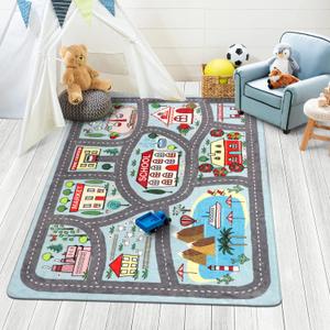 LIVEBOX Kids Rug 3'x5' Car Rug Play Mat for Playing Cars Toys, City Life Playroom Rugs Educational Carpet for Children Boy Girl, Road Traffic Nursery Rugs for Kids Room Play Area (Blue)