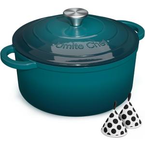 Umite Chef 7QT Enameled Cast Iron Dutch Oven with Lid & Cotton PotholdersHeavy-Duty Cookware for Bread Baking, Braising, Stews, Marinate, Cook(Emerald)