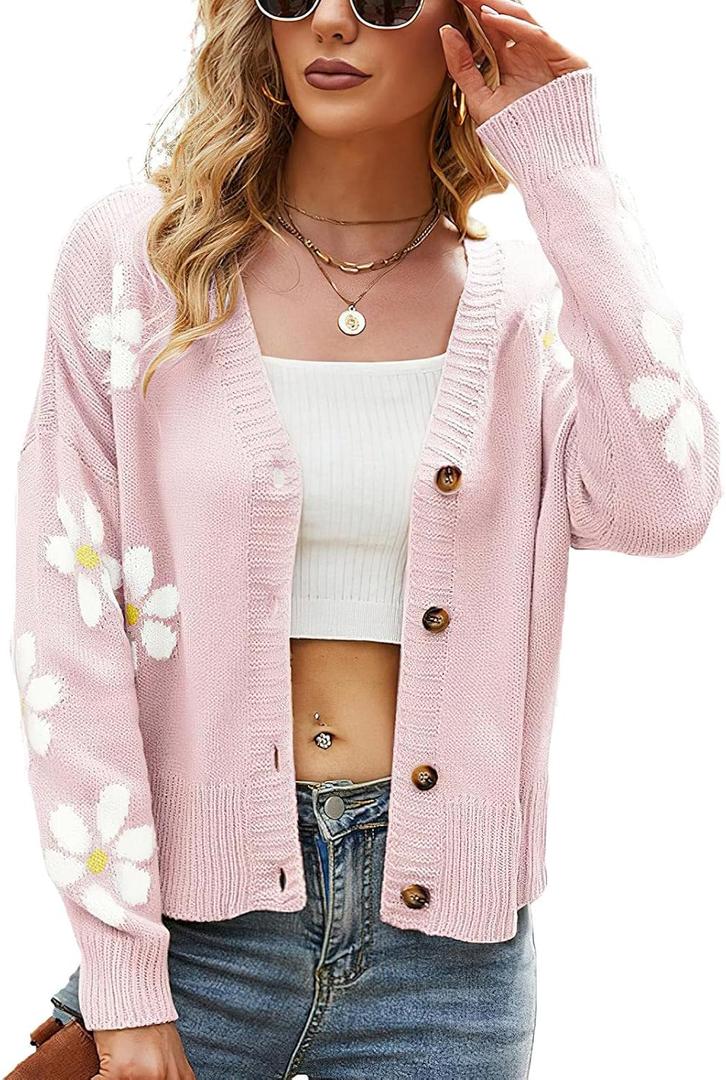 ebossy Womens Ribbed Knit Cardigans Slouchy Cute Smile Graphic Pretty Daisy Button-up Jacquard Knitted Sweater Coat (Large, 02 Pink)