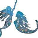 Pelopy 2 Pack Metal Mermaid Wall Art Rustic Bathroom Hanging Mermaid Wall Decor Blue Sculpture Decorations for Room Patio Swimming Pool Bathroom