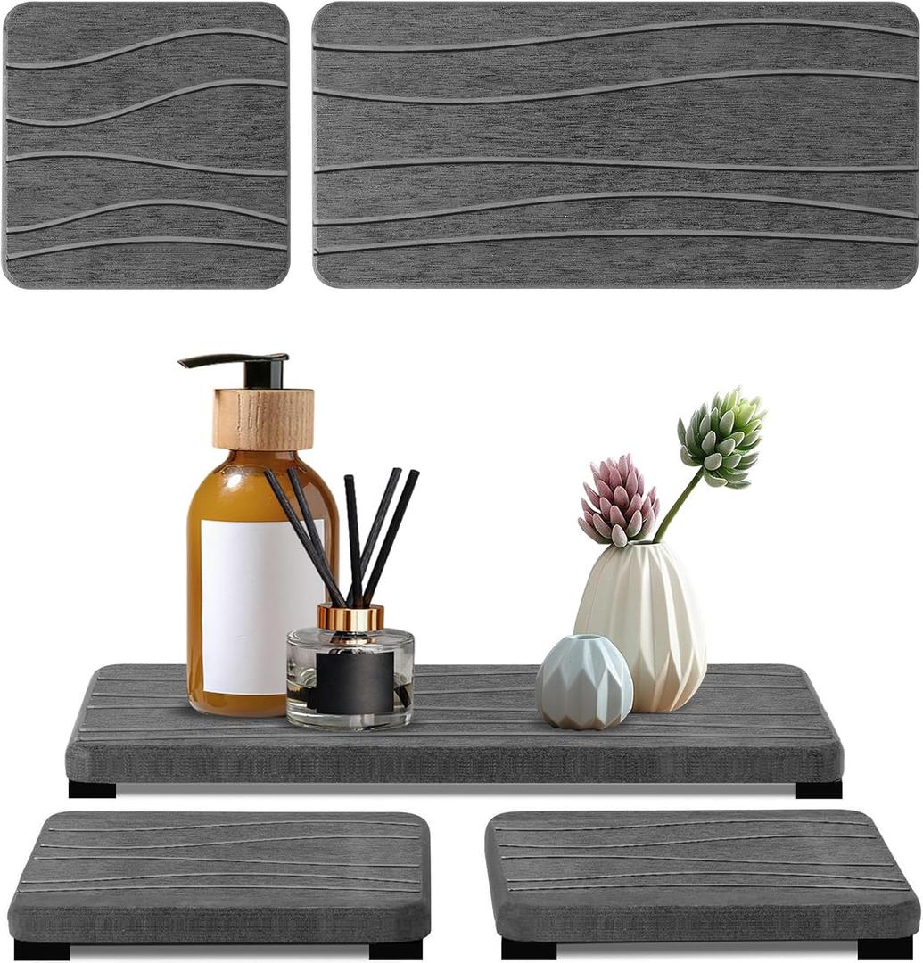 2PCS Water Absorbing Stone Tray, Fast Drying Stone Sink Tray, Stones Soap Trays, Water Absorbent Diatomite Trays, Diatomite Coasters for Kitchen Sink Bathroom Counter, Hand Soap Dish & Holders (1pcs 2110cm + 2pcs 1010cm Dark Gray Wave)