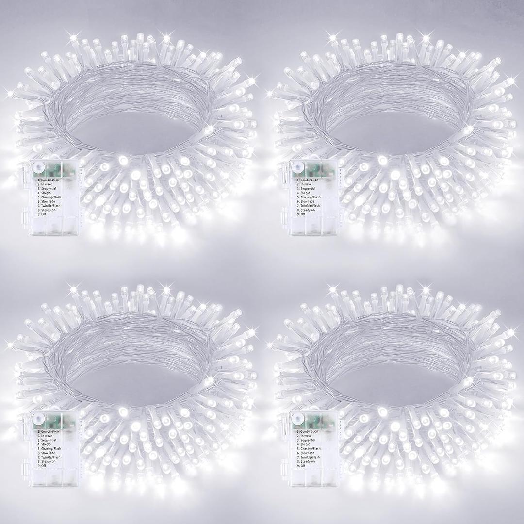 4 Pack Christmas String Lights Battery Operated with Timer, 66FT 200 LED Waterproof Battery Twinkle Lights, 8 Modes Fairy Light for Indoor & Outdoor Garland Tree Christmas Decorations (Cool White)