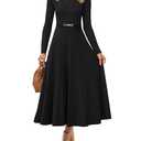 ZESICA Women's Long Sleeve Midi Sweater Dress 2026 Fall Crewneck Knit A Line Pleated Flowy Long Dresses with Belt,Black,Large