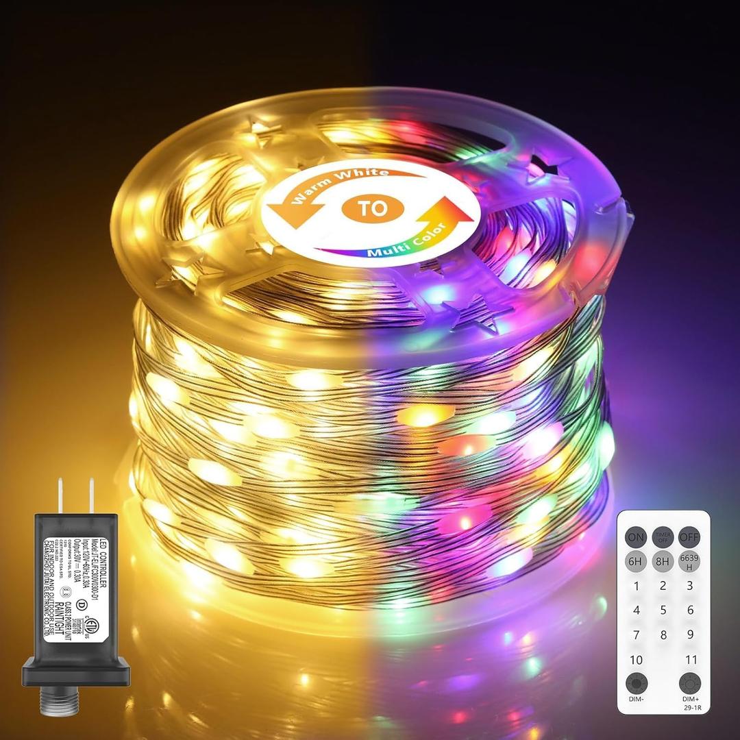 Christmas Lights, 206FT 600LED Outdoor String Lights Plug in, Waterproof Twinkle Fairy Light, Color Changing, 11 Lighting Modes, Timing, for Party House Yard Bedroom- Warm to Multicolor