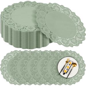 MCEAST 300 Pack Round Sage Green Paper Doilies 13.5 Inches Lace Paper Place Mats Rustic Scallop Doily Disposable Table Pads for Food Cakes Crafts Party Weddings Tableware Decor