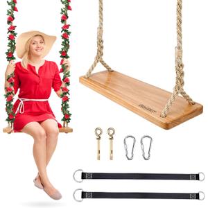 Hanging Wooden Swing, 24"x 8"x 1.2" Tree Swing for Adults Kids, Adjustable Thick Nylon Rope Plus Tree Straps 10.61FT, Wood Swing Set with Rose Garland for Indoor & Outdoor