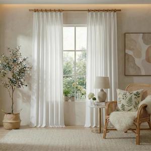 PONY DANCE Natural Pinch Pleated Linen Curtains 90 Inches Long 2 Panels for Living Room Bedroom, Thick Semi Sheer Light Filtering Back Tab Boho Dining Area Window Drapes with Hooks, Modern Farmhouse