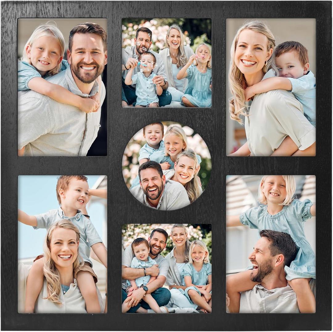 Picture Frame Collage for 4x6 and 4x4 Photos - 7 Openings Black Frame Wall Decor for Tabletop Stand and Wall Mounting - Home and Family Display