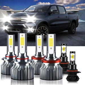 Compatible For 2009-2012 Dodge Ram 1500 2500 3500 (Laramie/SLT/Outdoorsman), High&Low Beam Fog Light Bulbs Kit, 32000LM 300% Brightness 6500K White with Cooling Fan, Plug and Play, Pack of 6