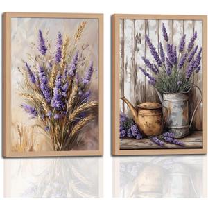 2Pcs Vintage Lavender and Wheat Flower Framed Canvas Wall Art, Modern Farmhouse Pictures Prints Artwork, Rustic Cottage Country Floral Paintings for Living Room Bedroom Bathroom Kitchen, 12x16in