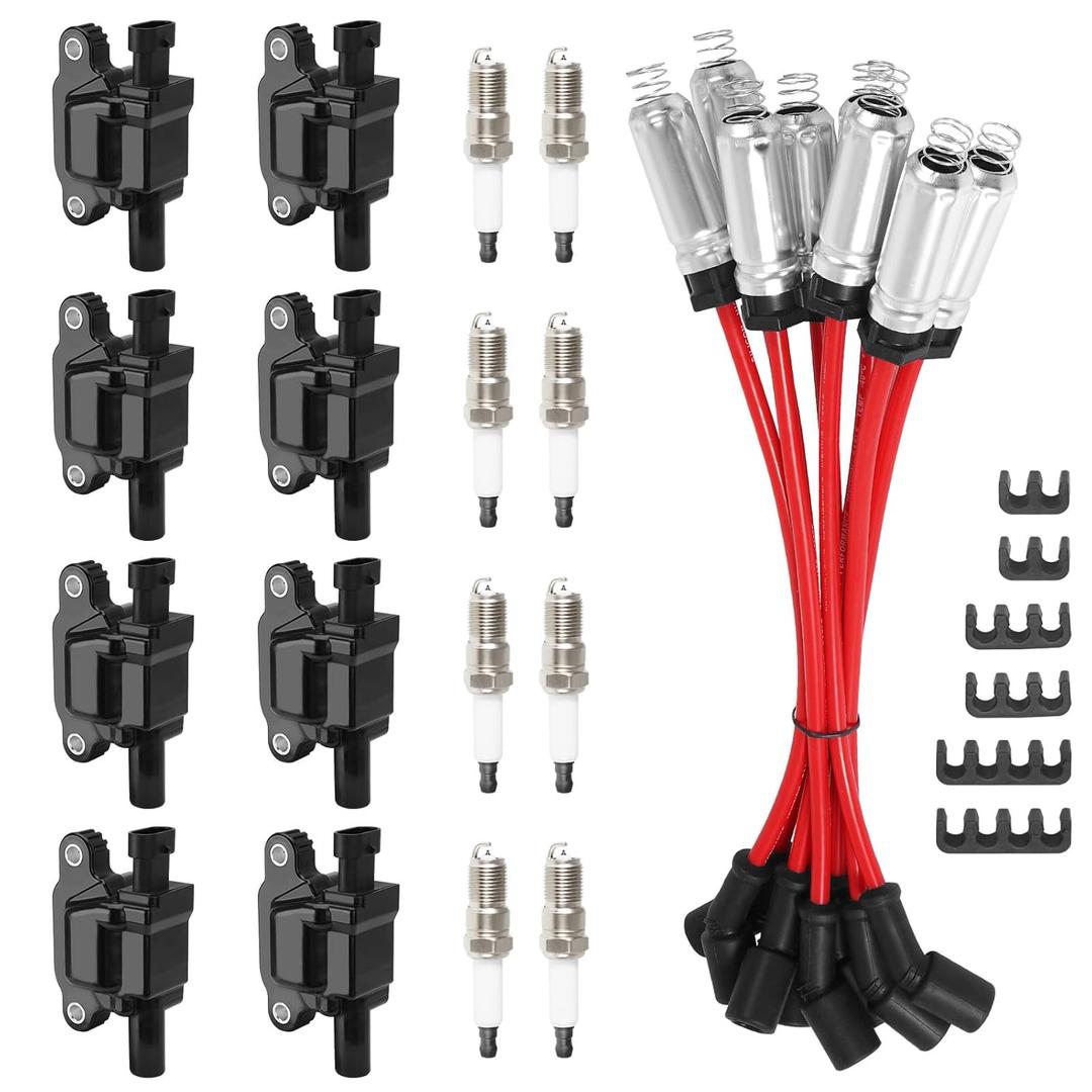 8Pcs UF413 Square Ignition Coils with M8-48322R 8mm Spark Plug Wires Set & 41-962 Platinum Spark Plugs Compatible with Chevy Silverado, Cadillac Escalade, Buick, GMC Sierra 4.8L 5.3L 6.0L 6.2L