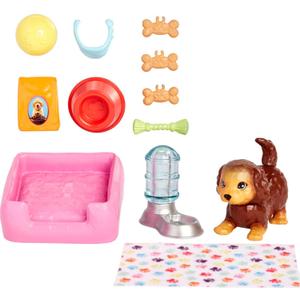 Barbie Pets and Accessories, Interactive Wagging & Nodding Puppy Playset with Pet Bed, 11 Total Animal-Themed Pieces (Multicolor)