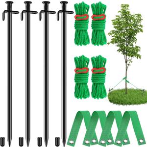 Fabulas Tree Stakes Kits, 4 Pcs 11.8 Inch Heavy Duty Steel Stakes and Supports for Leaning Young Trees Straightening with 4 Pcs Support Straps and 13.2ft Anchor Ropes, Against Strong Wind Bad Weather