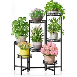 Metal Plant Stand Indoor Outdoor 7 Tier Multiple Flower Pot Holder Shelf Planter Display Shelving Unit for Patio Garden Corner Balcony Living Room Black Circle